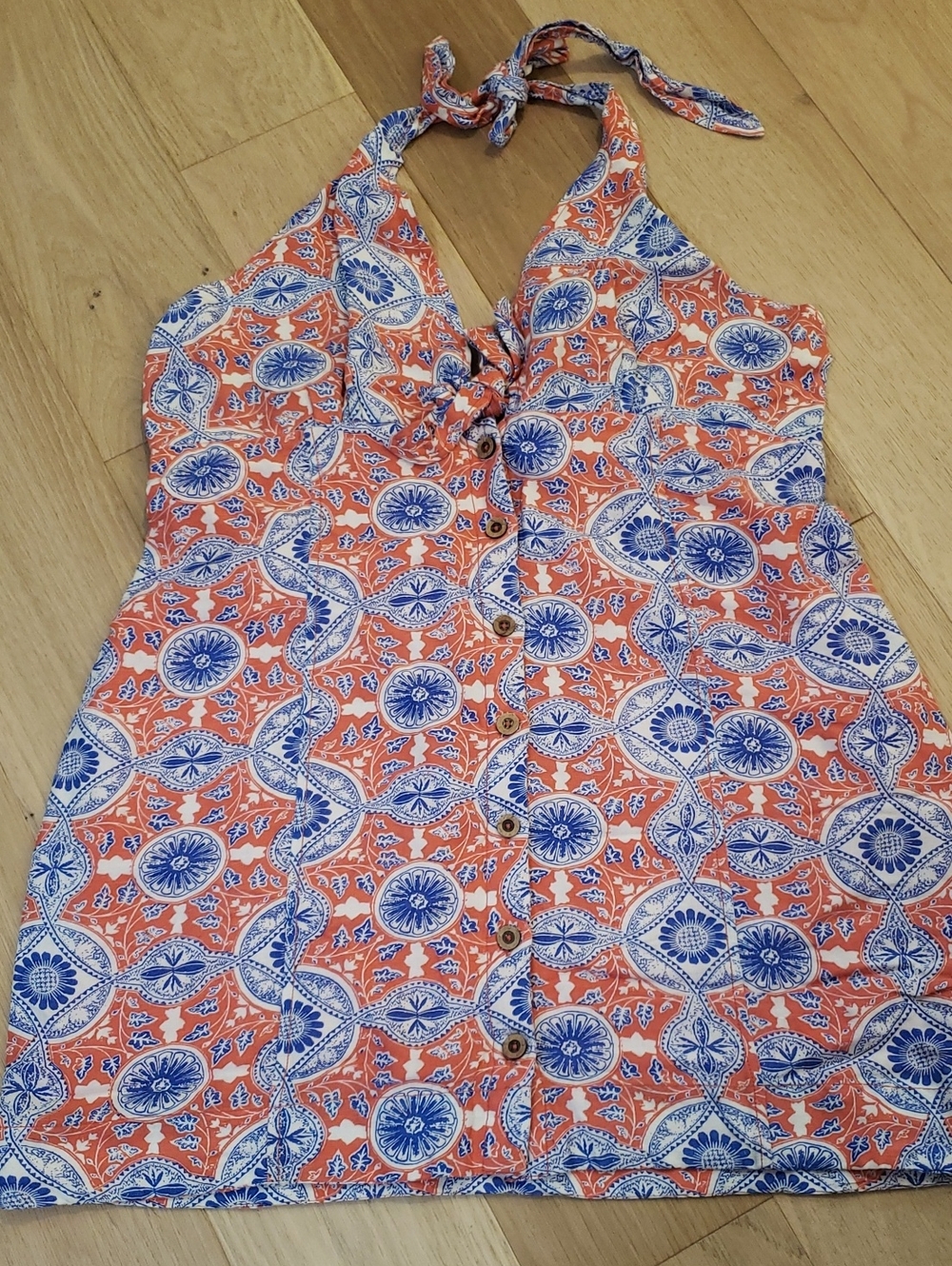 Anthropologie Dress Coral & Blue Patterned, Size XL